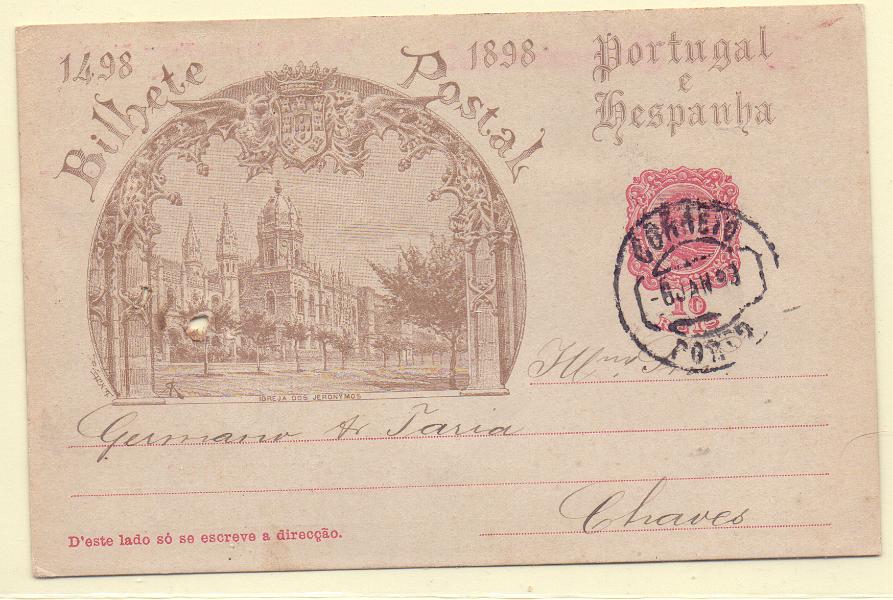 0195 f.jpg -     Lote:    195 (frente)            Portugal       Descrição:         1898 &mdash; 4.º Centenário do Descobrimento do caminho marítimo para a Índia. OM29B, 10 reis, circulado do Porto (06.01.99) para Chaves. Repicado por "UNIÃO COMERCIAL".        IC       Valor Base:     &euro; 15,00     Valor Venda:     Retirado     